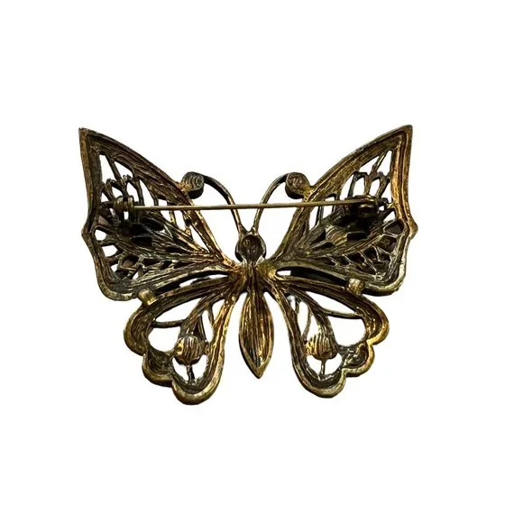 Antique Gold Tone Butterfly Pin Brooch Rhinestones Green Eyes 2.25" x 2" - Picture 3 of 3